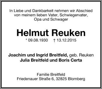Anzeige  Helmut Reuken  Lippische Landes-Zeitung