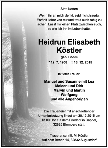 Anzeige  Heidrun Elisabeth Köstler  Lippische Landes-Zeitung
