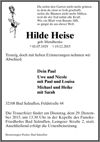 Anzeige  Hilde Heise  Lippische Landes-Zeitung