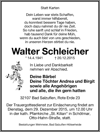 Anzeige  Walter Schleicher  Lippische Landes-Zeitung