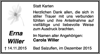 Anzeige  Erna Willer  Lippische Landes-Zeitung