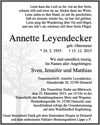Anzeige  Annette Leyendecker  Lippische Landes-Zeitung