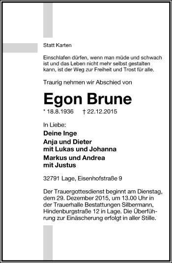 Anzeige  Egon Brune  Lippische Landes-Zeitung