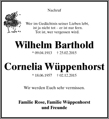 Anzeige  Wilhelm Barthold und  Cornelia Wüppenhorst  Lippische Landes-Zeitung