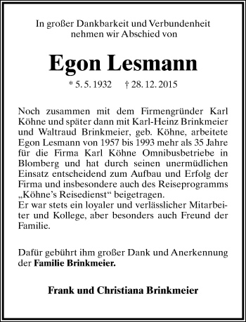 Anzeige  Egon Lesmann  Lippische Landes-Zeitung