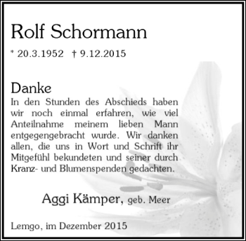 Anzeige  Rolf Schormann  Lippische Landes-Zeitung
