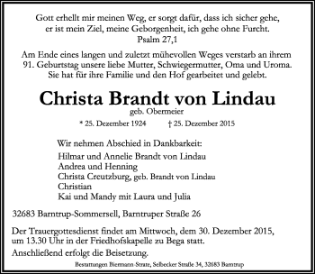 Anzeige  Christa Brandt von Lindau  Lippische Landes-Zeitung