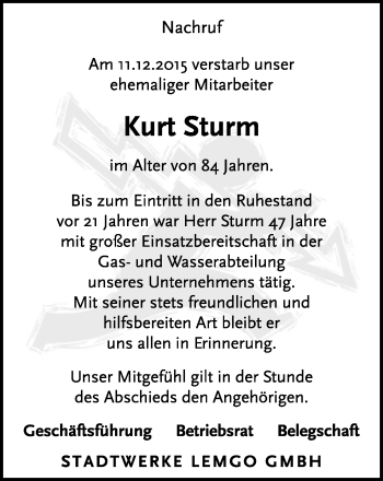 Anzeige  Kurt Sturm  Lippische Landes-Zeitung