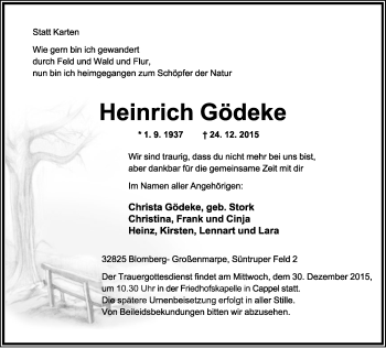 Anzeige  Heinrich Gödeke  Lippische Landes-Zeitung