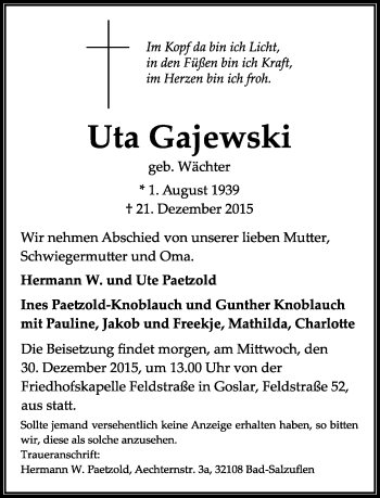 Anzeige  Uta Gajewski  Lippische Landes-Zeitung