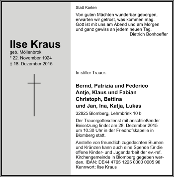 Anzeige  Ilse Kraus  Lippische Landes-Zeitung