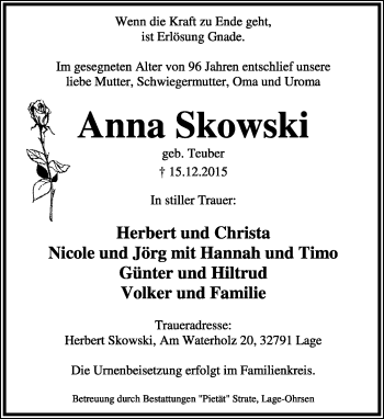 Anzeige  Anna Skowski  Lippische Landes-Zeitung