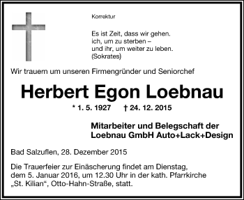 Anzeige  Herbert Egon Loebnau  Lippische Landes-Zeitung
