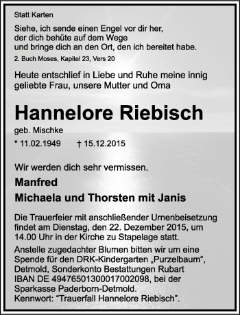 Anzeige  Hannelore Riebisch  Lippische Landes-Zeitung