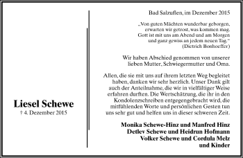 Anzeige  Liesel Schewe  Lippische Landes-Zeitung