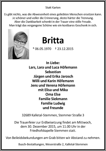 Anzeige  Britta   Lippische Landes-Zeitung