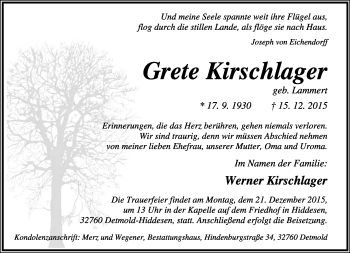 Anzeige  Grete Kirschlager  Lippische Landes-Zeitung