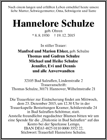 Anzeige  Hannelore Schulze  Lippische Landes-Zeitung