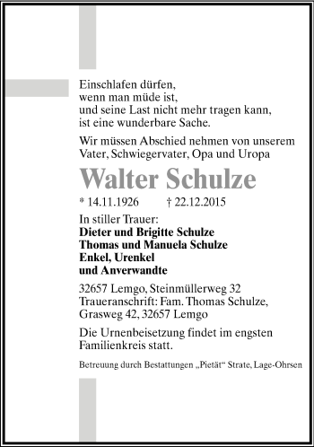 Anzeige  Walter Schulze  Lippische Landes-Zeitung