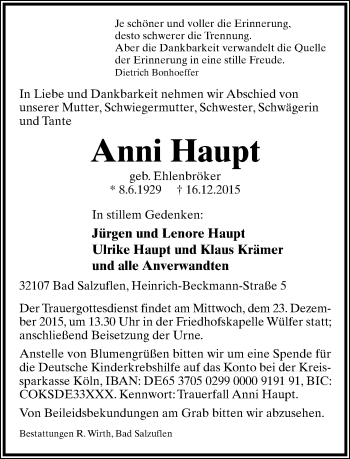 Anzeige  Anni  Haupt  Lippische Landes-Zeitung