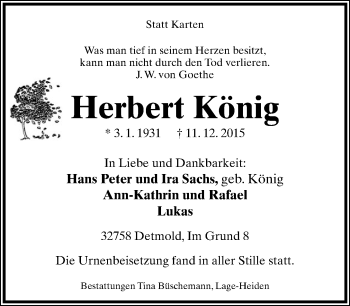 Anzeige  Herbert König  Lippische Landes-Zeitung