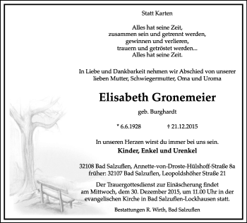 Anzeige  Elisabeth Gronemeier  Lippische Landes-Zeitung