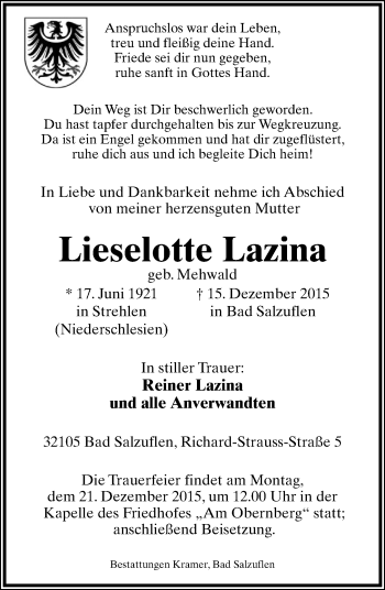 Anzeige  Lieselotte Lazina  Lippische Landes-Zeitung