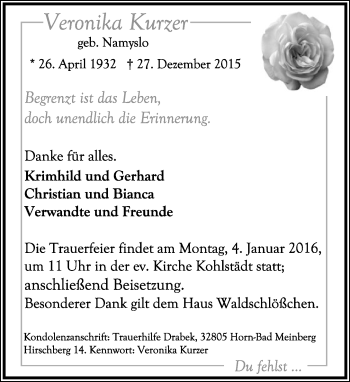 Anzeige  Veronika Kurzer  Lippische Landes-Zeitung