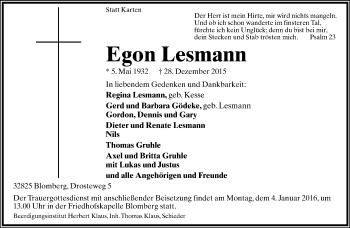 Anzeige  Egon Lesmann  Lippische Landes-Zeitung