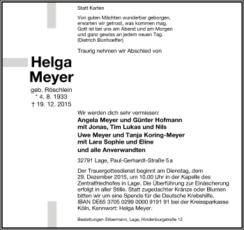 Anzeige  Helga Meyer  Lippische Landes-Zeitung