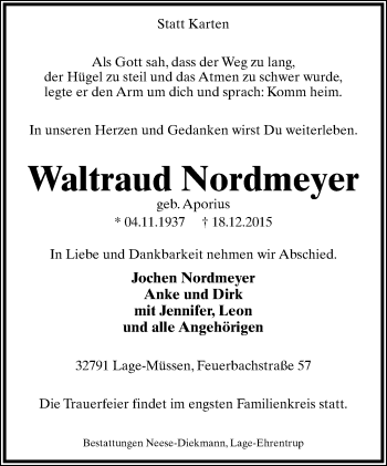 Anzeige  Waltraud Nordmeyer  Lippische Landes-Zeitung