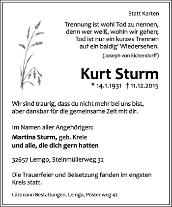 Anzeige  Kurt Sturm  Lippische Landes-Zeitung