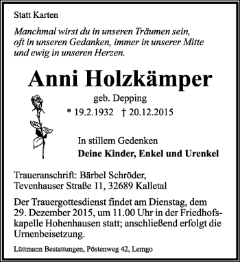 Anzeige  Anni Holzkämper  Lippische Landes-Zeitung