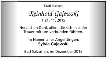 Anzeige  Reinhold Gajewski  Lippische Landes-Zeitung