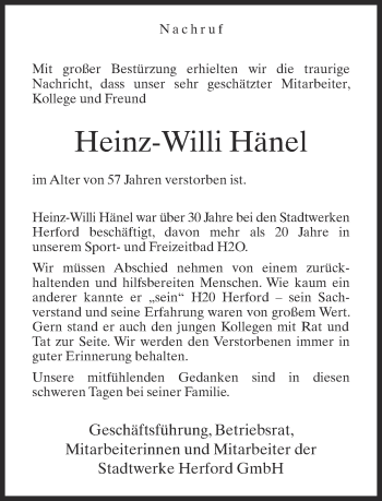 Anzeige  Heinz-Willi Hänel  Lippische Landes-Zeitung