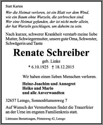 Anzeige  Renate Schreiber  Lippische Landes-Zeitung