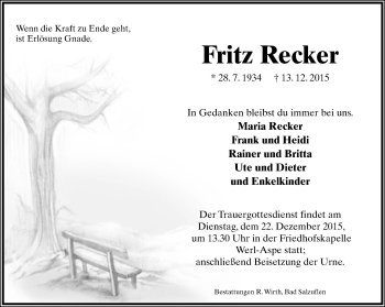 Anzeige  Fritz Recker  Lippische Landes-Zeitung
