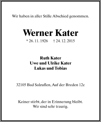 Anzeige  Werner Kater  Lippische Landes-Zeitung