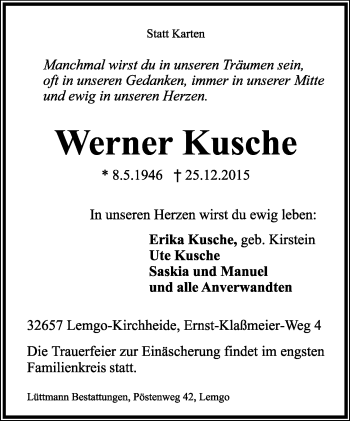 Anzeige  Werner Kusche  Lippische Landes-Zeitung
