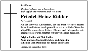 Anzeige  Friedel-Heinz Ridder  Lippische Landes-Zeitung