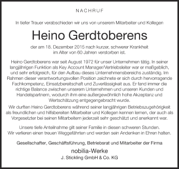 Anzeige  Heino Gerdtoberens  Lippische Landes-Zeitung