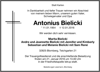 Anzeige  Antonius Bielicki  Lippische Landes-Zeitung