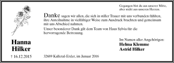 Anzeige  Hanna Hilker  Lippische Landes-Zeitung