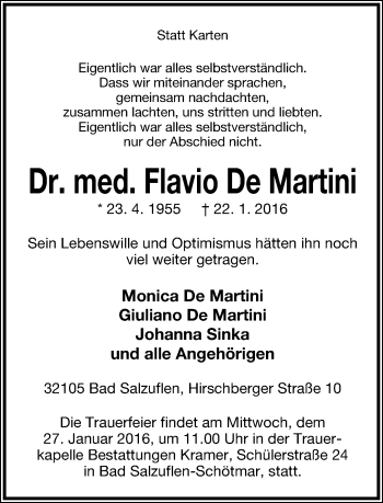 Anzeige  Flavio De Martini  Lippische Landes-Zeitung