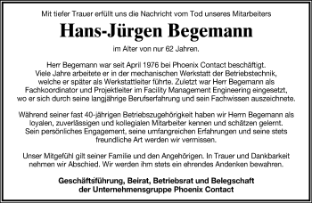 Anzeige  Hans Jürgen Begemann  Lippische Landes-Zeitung