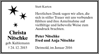 Anzeige  Christa Nitschke  Lippische Landes-Zeitung