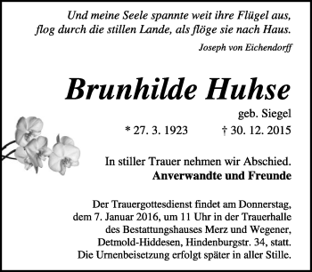 Anzeige  Brunhilde Huhse  Lippische Landes-Zeitung
