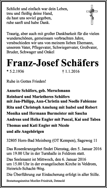 Anzeige  Franz-Josef Schäfers  Lippische Landes-Zeitung