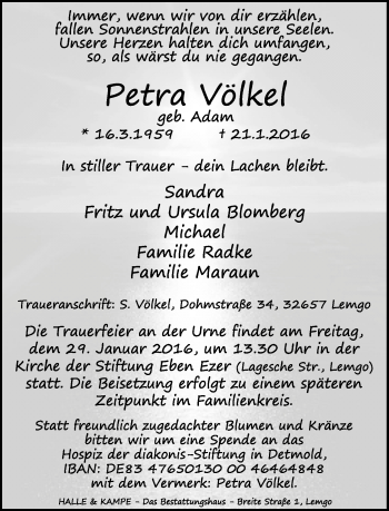 Anzeige  Petra Völkel  Lippische Landes-Zeitung