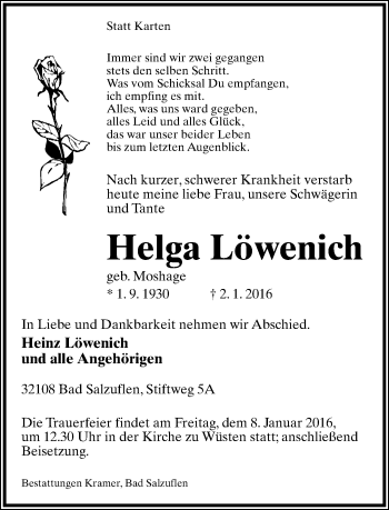 Anzeige  Helga Löwenich  Lippische Landes-Zeitung
